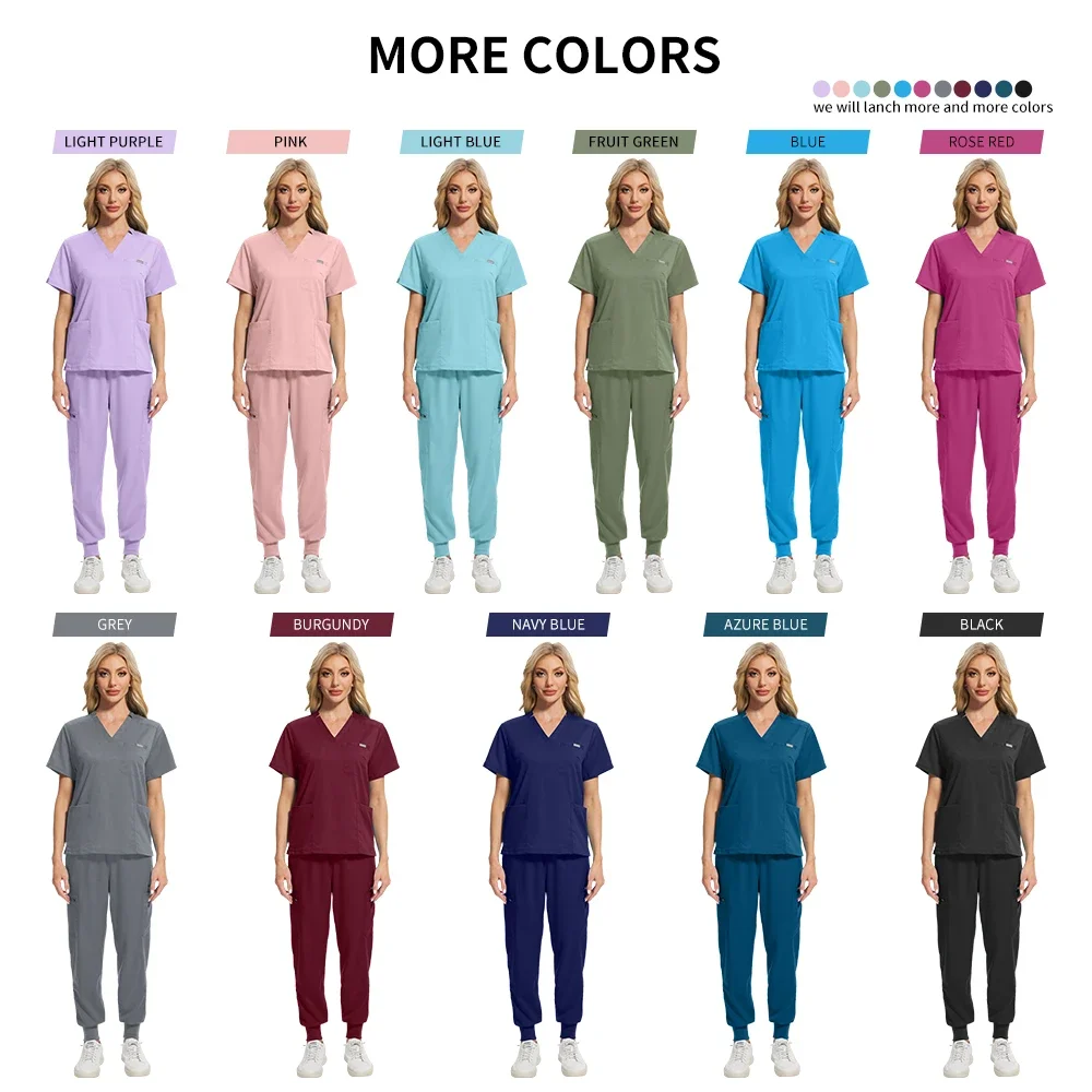 Medical Nurse Uniforms Scrubs Set Women Hospital Surgical Clothes Short Sleeve Tops+Jogger Pants Suit Pharmacy Nurse Accessories