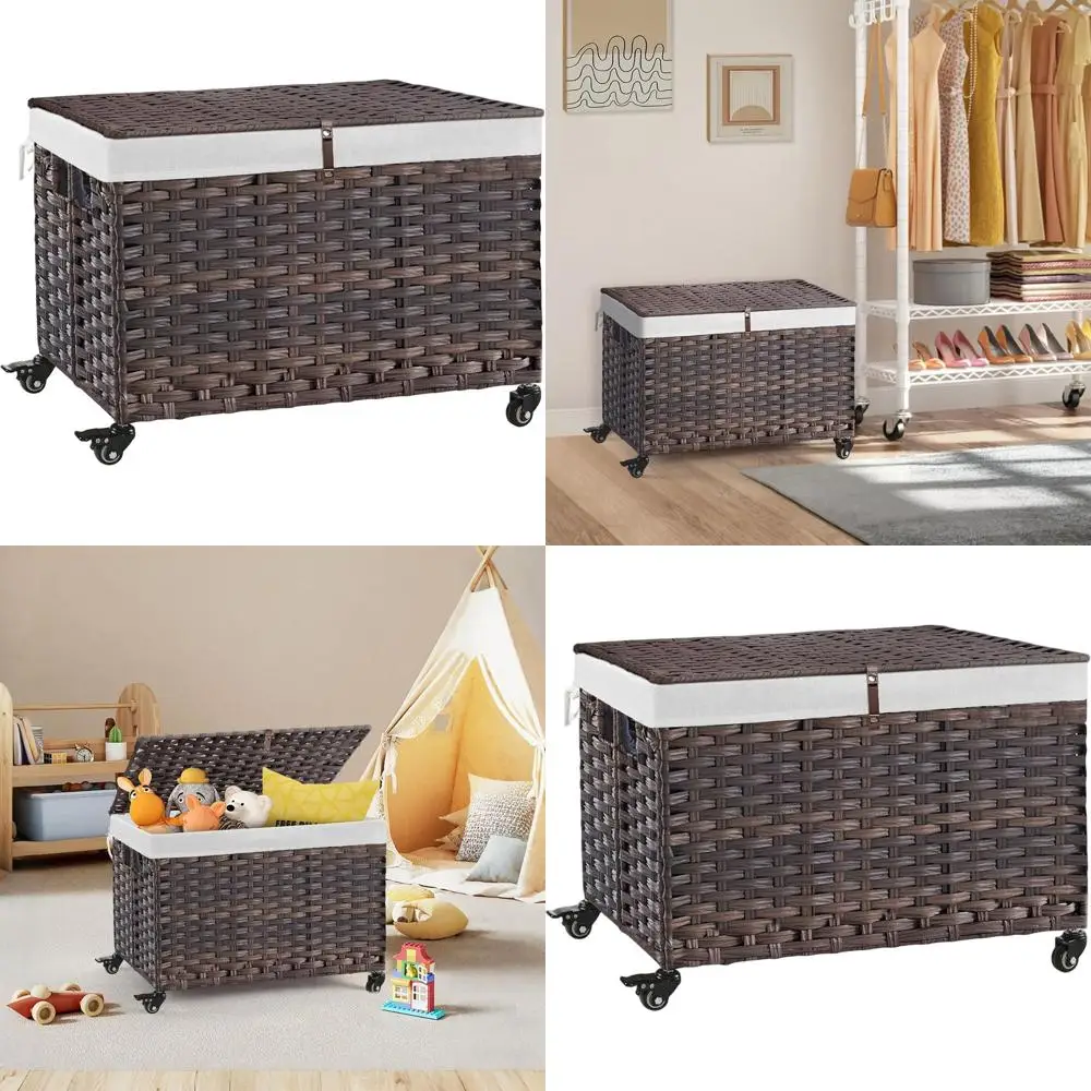 

Woven Rattan Storage Basket with Lid, 47.6 Gallon, Wheels, Handles, Foldable, Metal Frame, Removable Liner, Bedroom, Laundry Roo