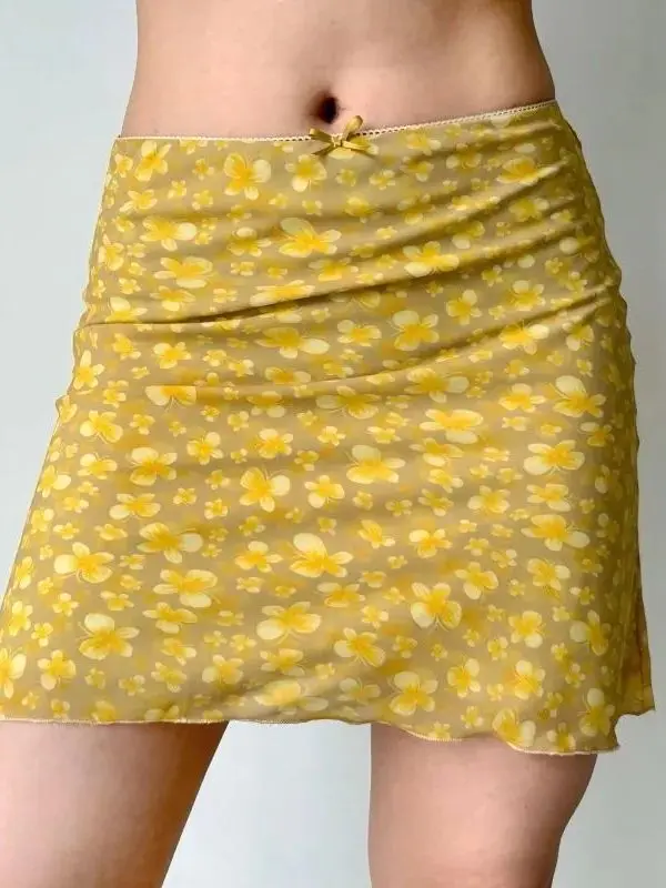 Yellow  Print Mesh A-Line Skirt High Waist Polyester Fiber Resistant to Deformation Daily Wear Girls' Skirt