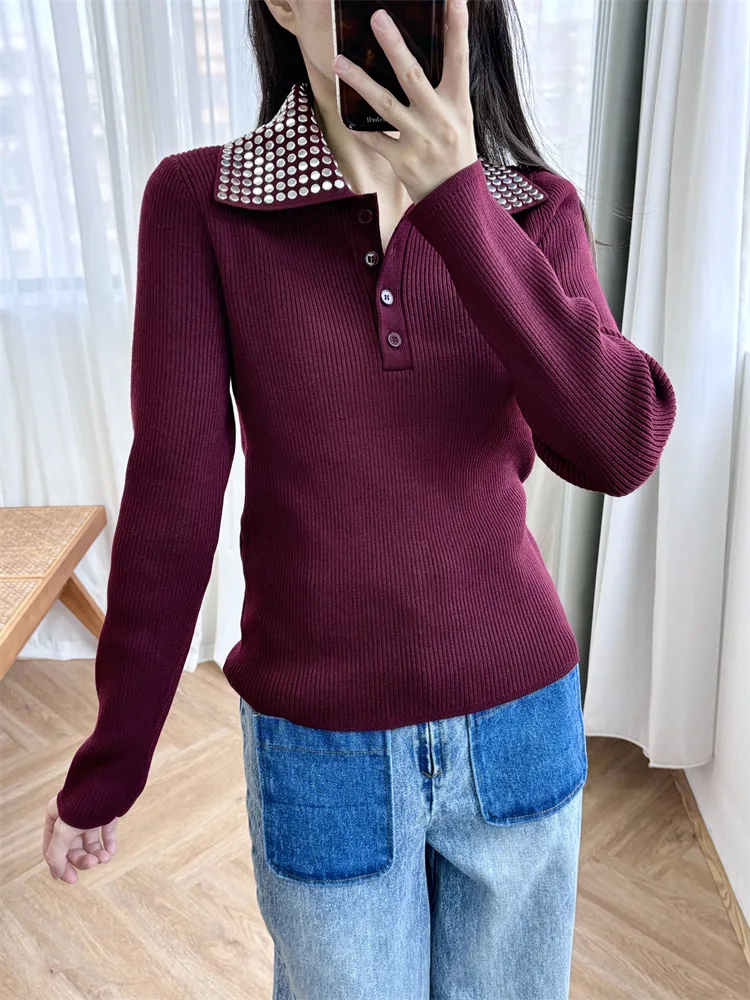 Diamond Lapel Knitted S Women Pullover Top Wine Red Polo Wool Close-fitting Long Sleeve French Business Casual Sweater