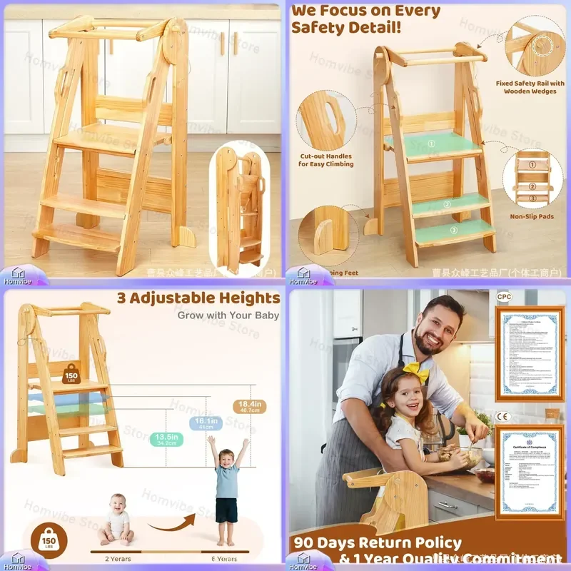Foldable Kitchen Step Stool 3 Tier Height Adjustable Toddler Tower Montessori Children Learning Standing Platform Furniture