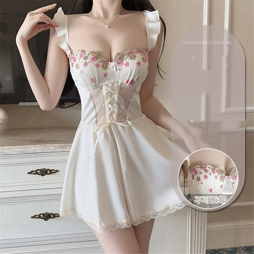 Female Nightgown Sleepwear Sexy Hollow Out Lace Nightdress Summer Satin Nighty Homewerar Women Loungewear