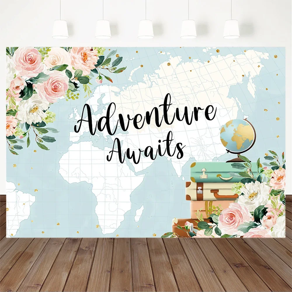 Fondo de fotografía de aventura avión de aire fondo Floral para Baby shower mapa del mundo fondos de fiesta de cumpleaños Banner fotografía Pro