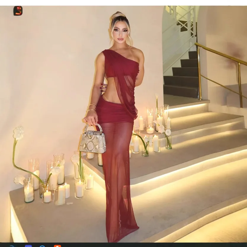Bangniweigou diagonal neck open banduea top long skirt mesh two-piece suit women brown dress clothing