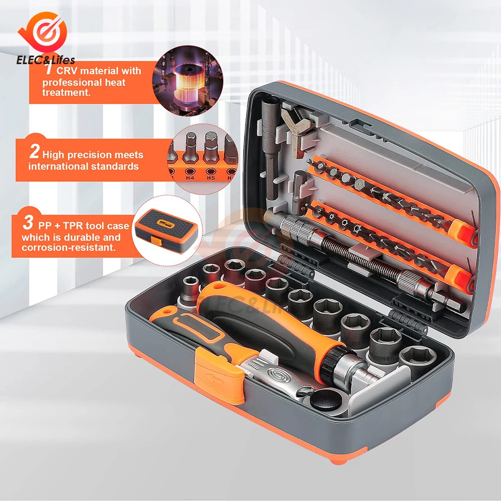 38 in 1 Socket Ratchet Wrench Set Multi-function Wrench Hand Tool for Bicycle Motorcycle Car Repairing With Box