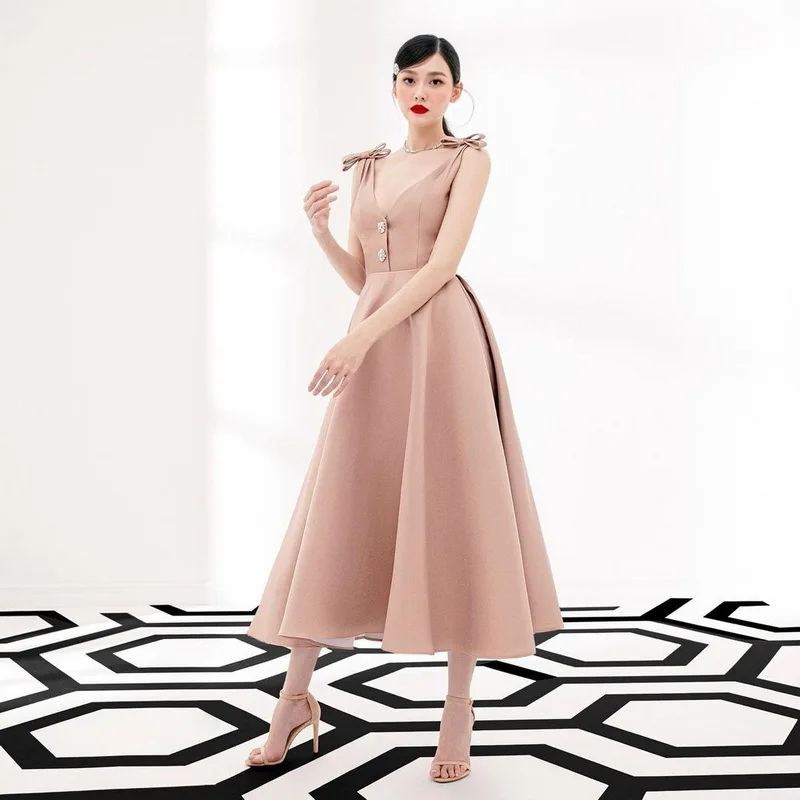 Pink A Line Women Prom Dress Sexy V Neck Sleeveless Bow Designer Photograph Evening Party Gown Long Robes