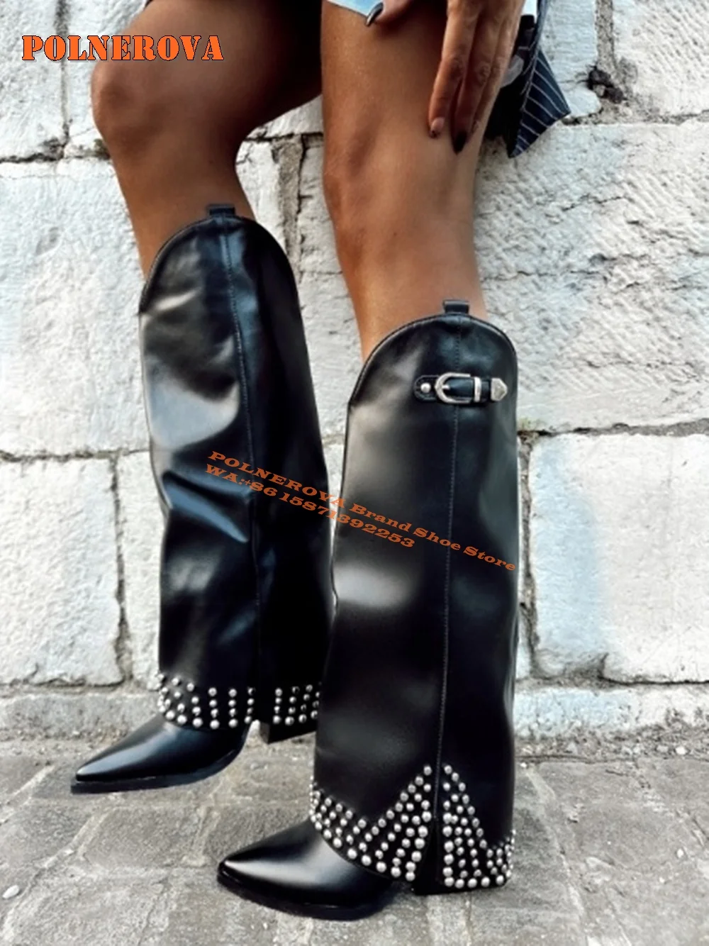 Belt Buckle Rivet Fashion Trouser Boots Pointed Toe Block Heels Pull On Large Size Women Sleeve Boots 2024 New Style Luxury Shoe image 2