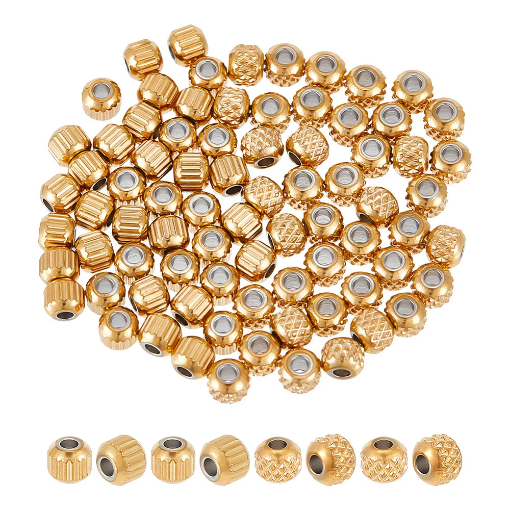 80Pcs 2 Style 201 Stainless Steel Spacer Beads Small Column Rondelle Golden Spacer Beads Textured Metal Loose Beads