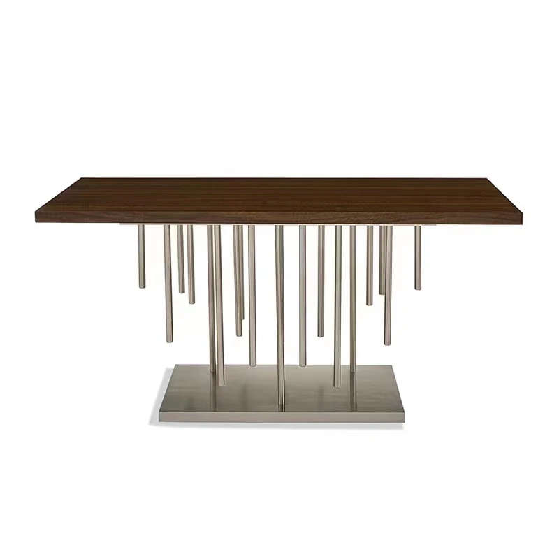 Light Luxury Console Table Illuminated Tubes Legs Solid Wood Veneer Console Table Brushed Stainless Steel Console Table