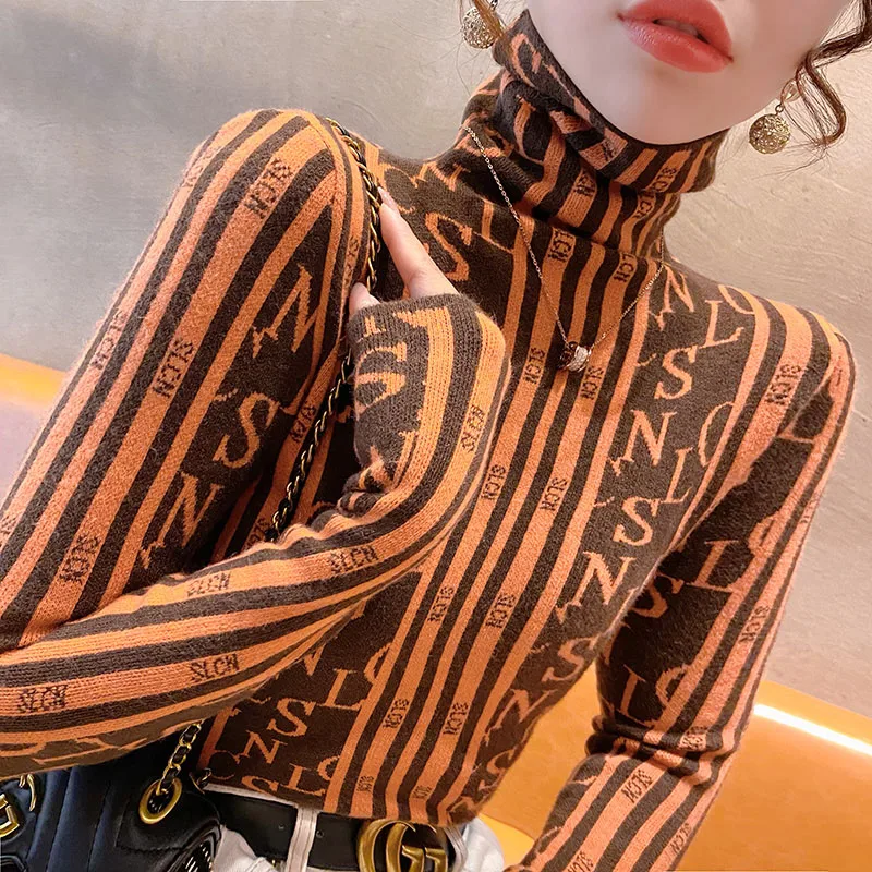 Women Clothing Turtleneck Vintage Letter Jacquard Sweaters Wool Knitted Fashion Slim Soft Elasticity Pullovers Spring Knitwear