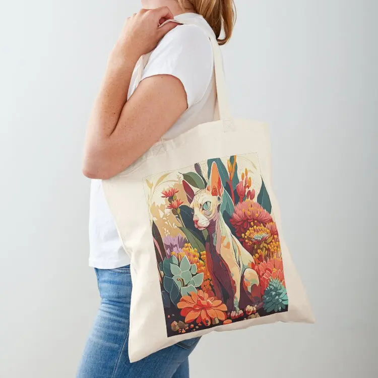 

Sphynx cat owners gift. Cat digital painting surrounded by flowers. Tote Bag