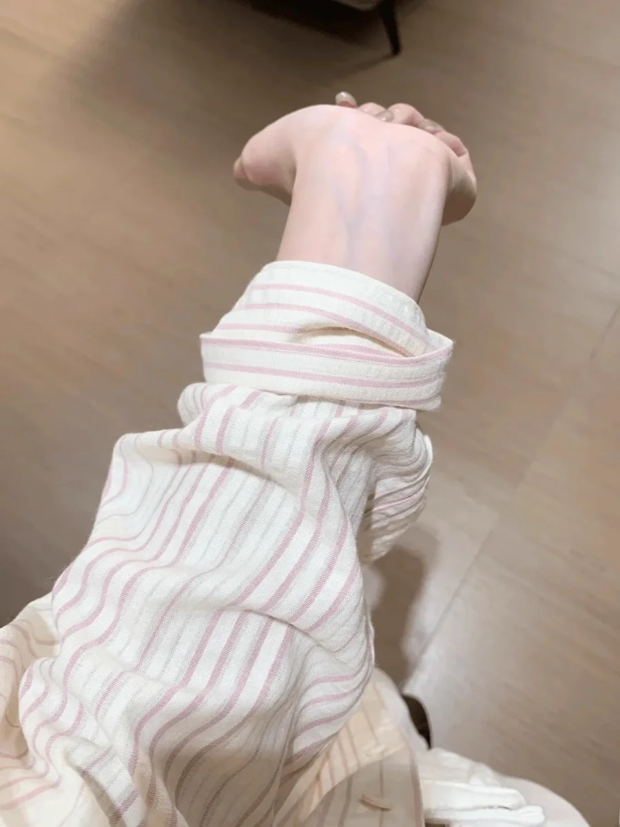 

Pink Striped Summer Thin Long Sleeve Sun Protection Open Cardigan Design Loose Casual Shirt Jacket Women's Fashion