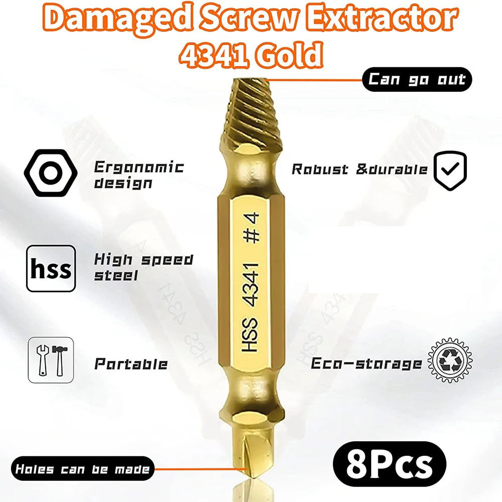 8Pcs Damaged Screw Extractor Kit,HSS 4341 Material Damaged & Stripped Screw Extractor Set for Easily Remover Common Size
