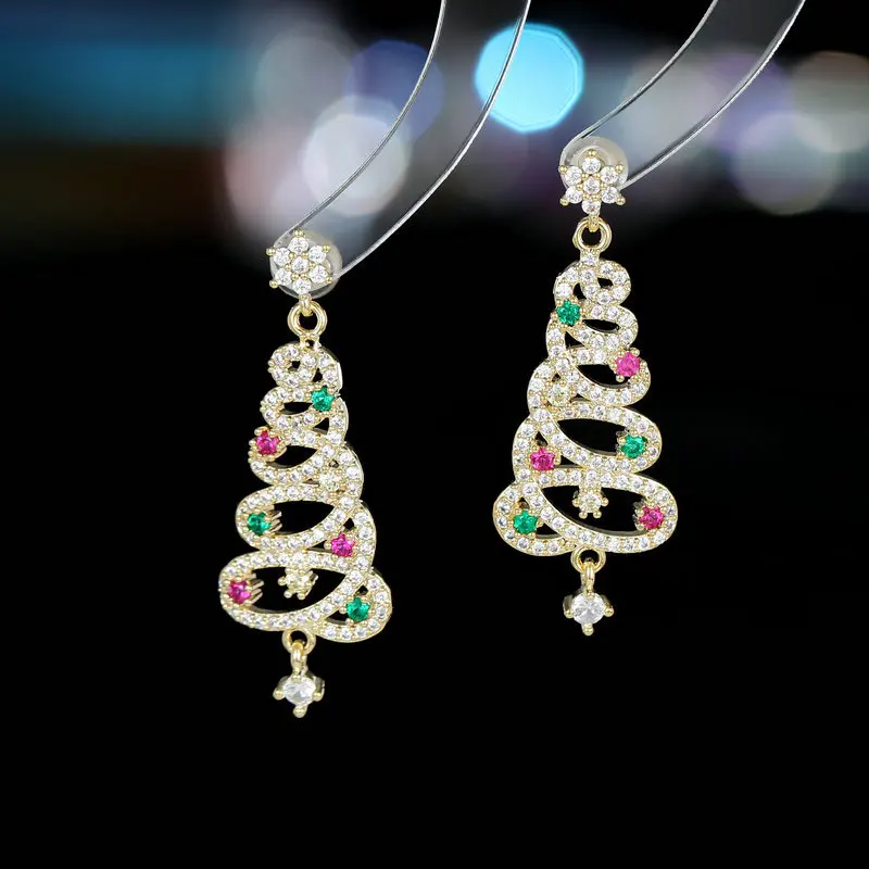 S925 Silver Needle Festival Atmosphere Earrings Small Market Design Sense Zircon Snowflake Colorful Christmas Tree Ear