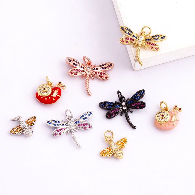 Cute Snail Ostrich Flamingo Bird Bee Dragonfly Insect Charm Pendant,Fashion 18K Gold Zircon Craft Jewelry Necklace Supplies N28