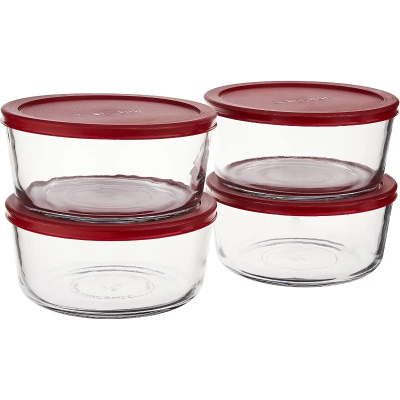 7-Cup Round Food Storage Containers with Red Plastic Lids, Set of 4