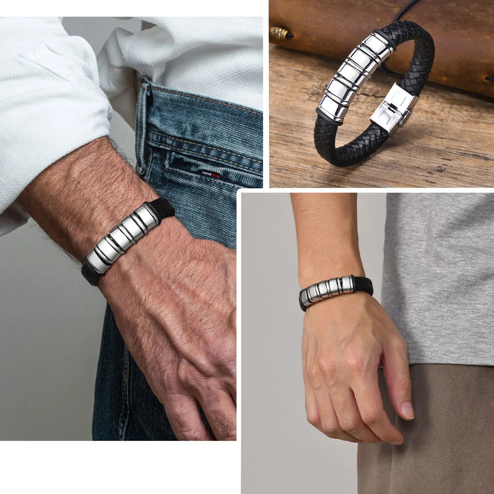 Custom Beaded Braided Bracelets For Men Leather Stainless Steel Black Silver Color Personalized Bangle Name Family Member Gift