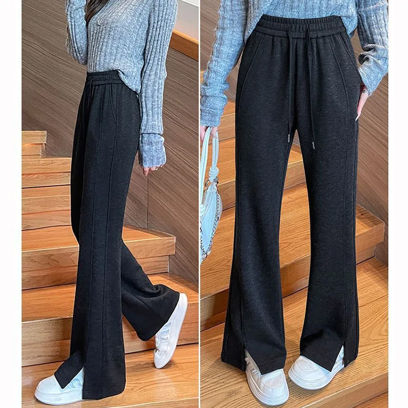 2025 أنثى عالية الخصر فضفاض رقيقة Sweatpants سيدة الكلاسيكية الصلبة جرس أسفل بنطلون المرأة موضة عادية مستقيم الساق السراويل