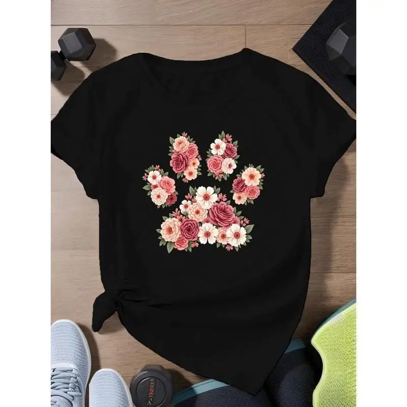 

Unique Floral Animal Paw Graphic Tee Women's Summer Versatile O-Neck Short Sleeve Casual T-Shirt for Pet Owners