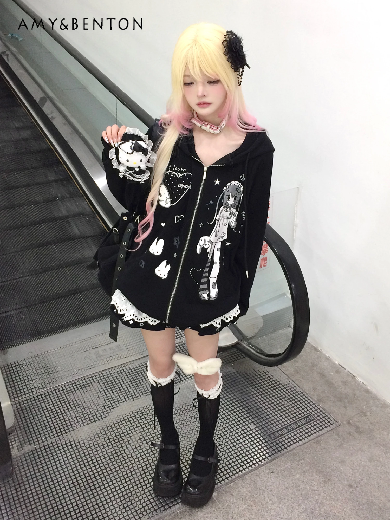 اليابانية لطيف أنيمي الكرتون طباعة مقنعين المرقعة اللون الستر للنساء كلية نمط الحلو بارد تنوعا معطف غير رسمي فضفاض #5