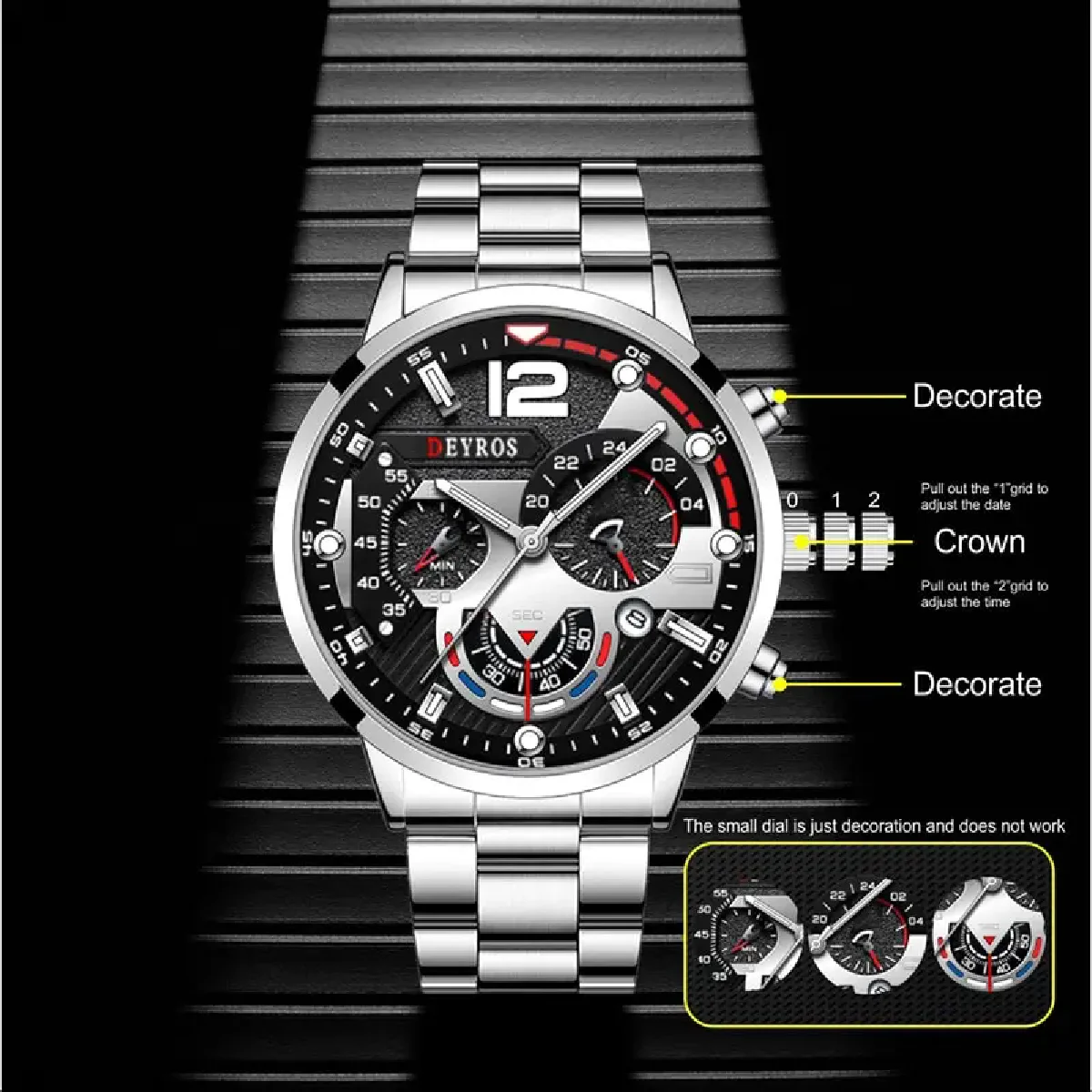 Reloj de cuarzo plateado de lujo para hombre, pulsera de acero inoxidable, informal, de negocios, luminoso, 2 piezas