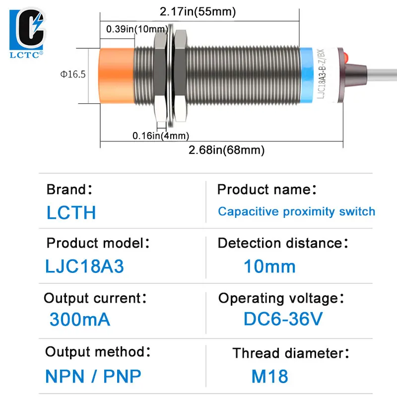 LCTC LJC18A3-B Series M18 Proximity Sensor Capacitive Proximity Switch DC6-36V AC PNP/NPN Output Distance 10mm BX/AX/BY/AY/EZ/DZ