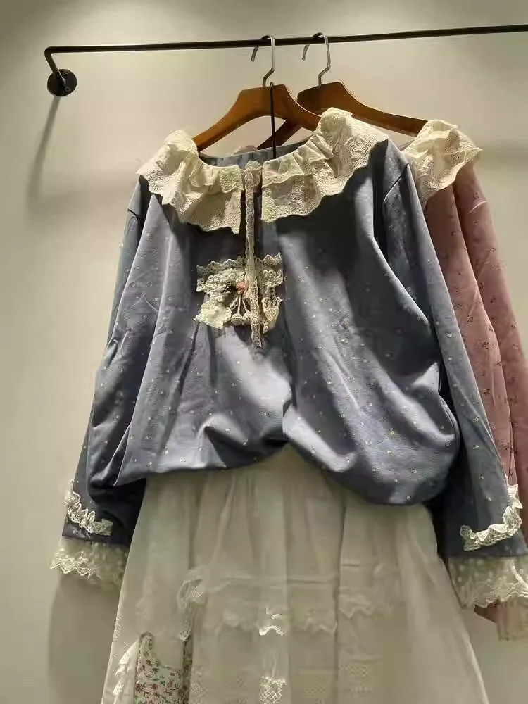 Mori kei clothing sweet lolita shirt peter pan collar long sleeve lace embroider shirts and blouses Japanese style vintage tops