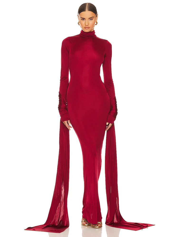 

Sexy High Necked Long Sleeves Draped Long Dress Women Red Patchwork Lace-up Pleated Maxi Bodycon Dress Evening Club Party Dress