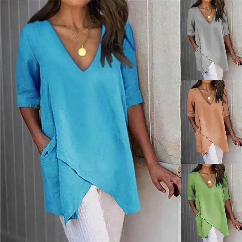 

Women's ort Sve irt T-irt New f Sve Casual Pure Color Faionable European Sle Clothing for Ladies