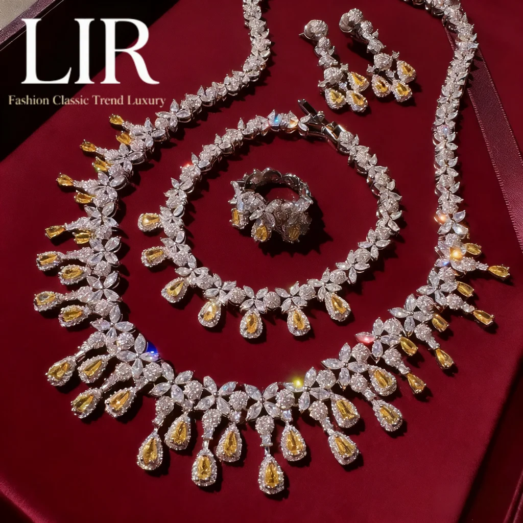 

Блестящий на заказ комплект LIR: ожерелье с австрийской короной и цветком-капель, браслет из желтого циркона ААА, серьги + кольцо