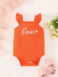 New Baby Summer Cute Comfortable Breathable Simple Orange Flying Sleeve Vest Baby Bodysuits Letter Pattern Print