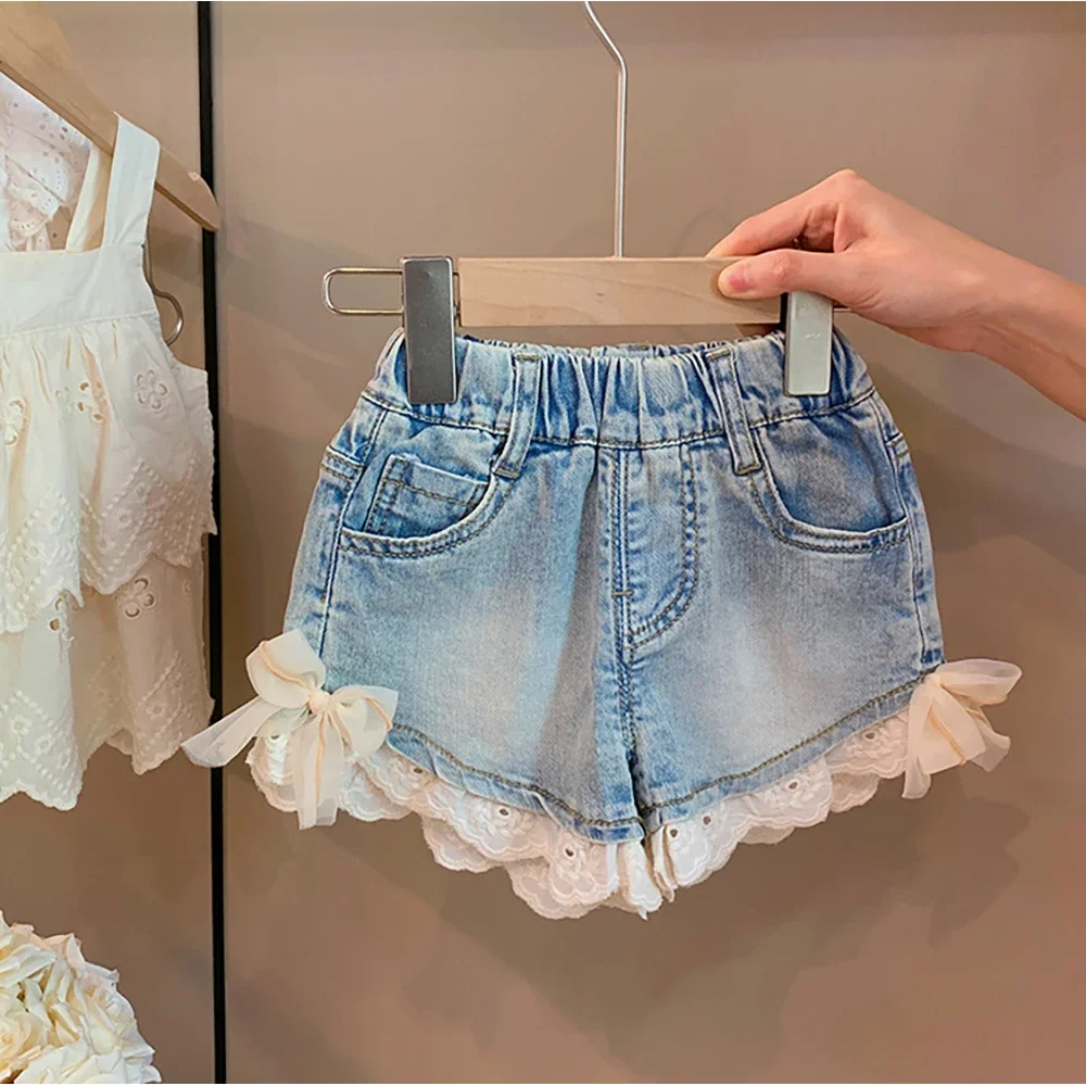 

Baby Girls Denim Shorts Summer Cute Lace Bow Short Jeans 1-6Years Old Kids Casual Hot Pants 2024 New Children Laciness Shorts