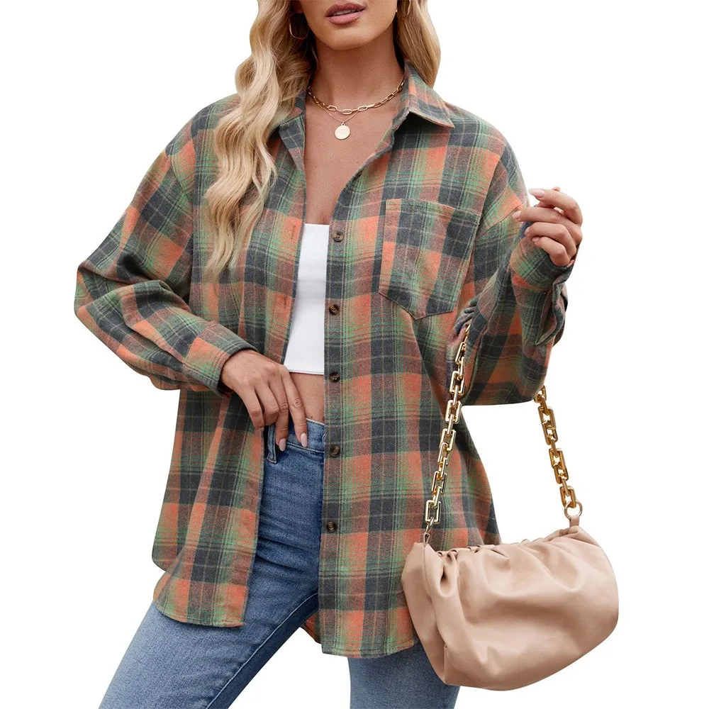 Outono/inverno blusa feminina 2024 nova moda casual rua solta xadrez impresso bolso emenda manga longa cardigan camisa femme