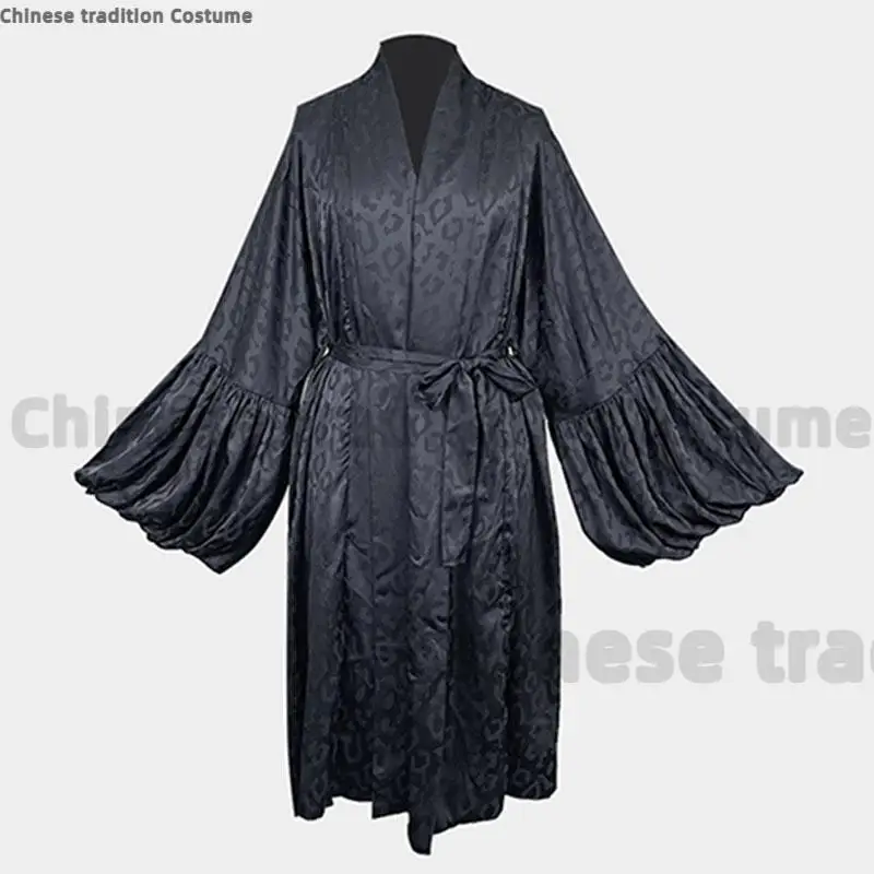 Women Leopard Jacquard Satin Robe Loose Lantern Long Sleeve Self Tie Belt Nightgown Bridesmaid Dressing Gown Loungewear