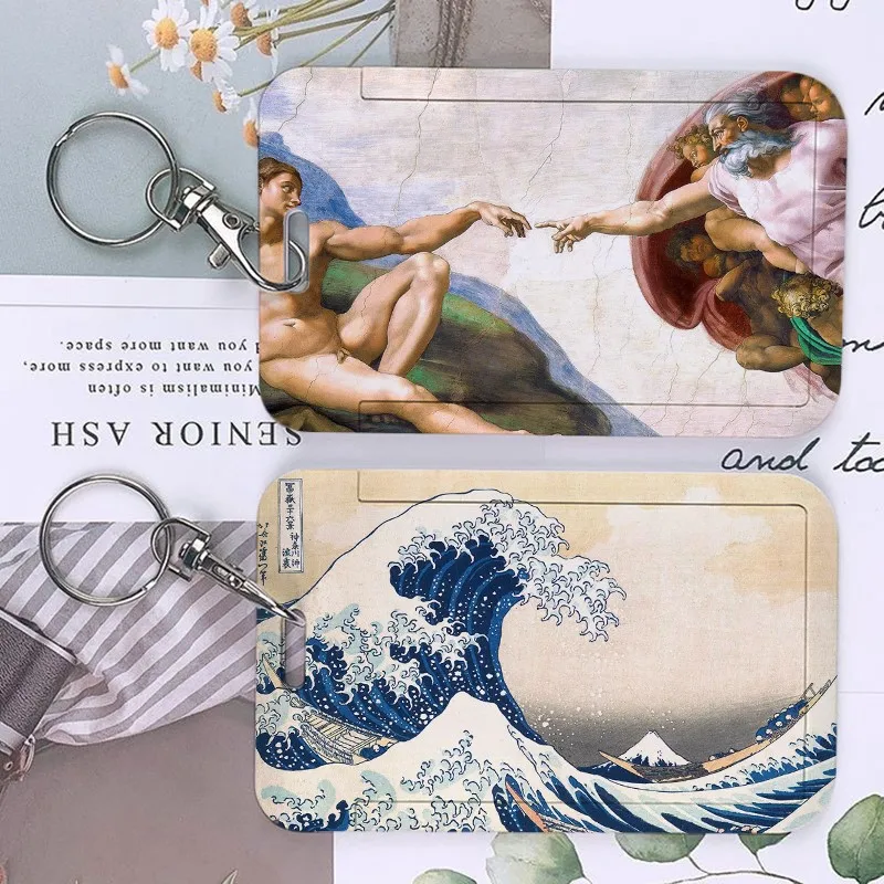 Art Oil Parinting Keychain Card Holder Hokusai Great Wave Keychains Business Holders Bank Bus ID Credit Cards Key Ring Chains