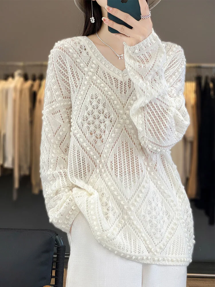 Light Luxury 100% Merino Woo Women Sweater Autumn Winter Hollow Out Knitted Pullover Long Sleeve Dot Soft Cashmere Odzież Tops