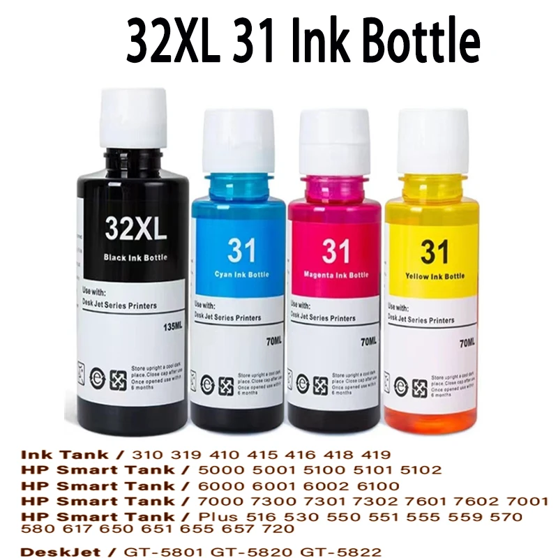 Tinta de recarga 31 32XL adequada para impressoras HP 7301 6001 7602 5101 7001 551 651 455 457 450 510 512 513
