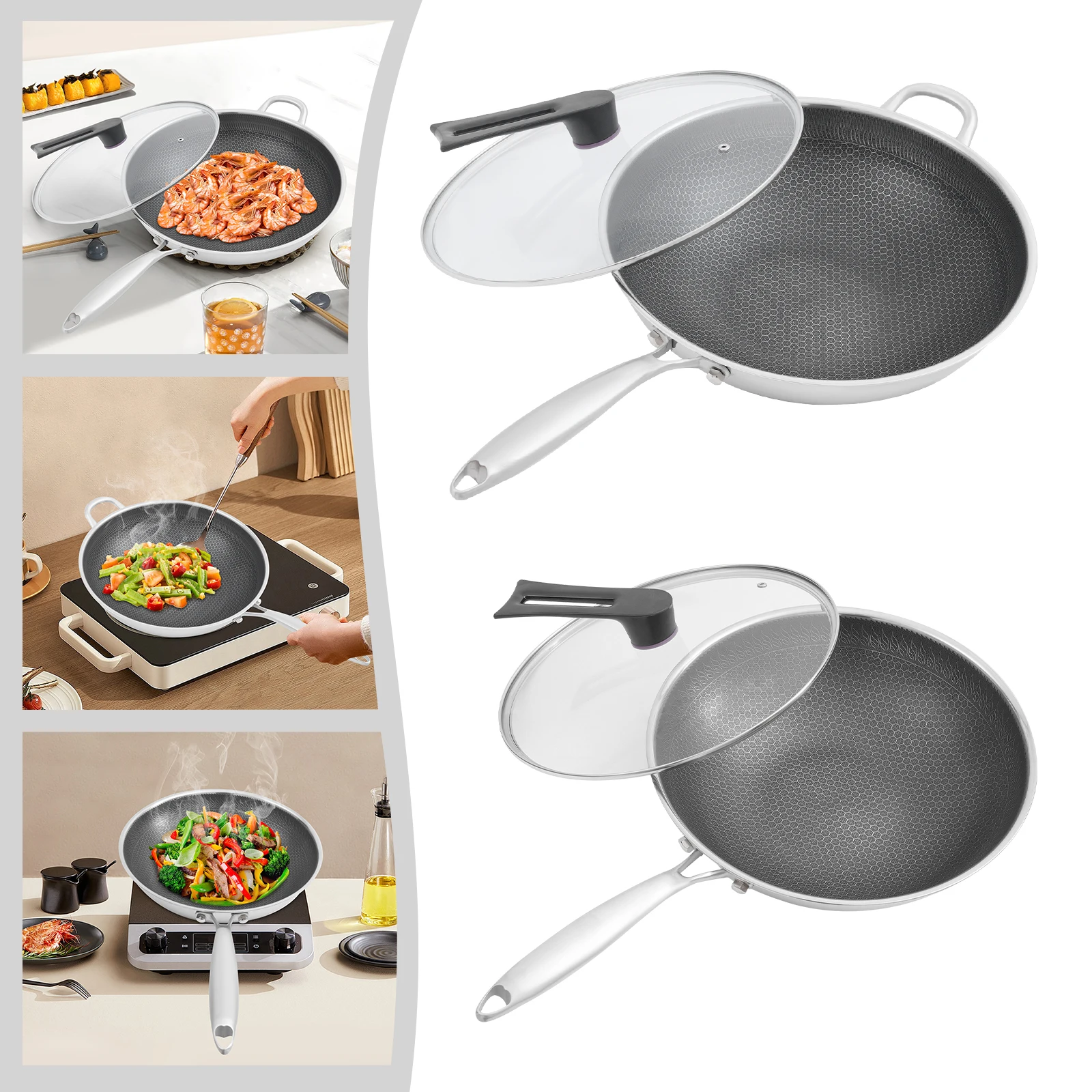 

Сковорода-вок Honeycomb, антипригарная сковорода для жарки, сковорода для стир-фрай из нержавеющей стали SUS316 с стеклянной крышкой и боковой ручкой