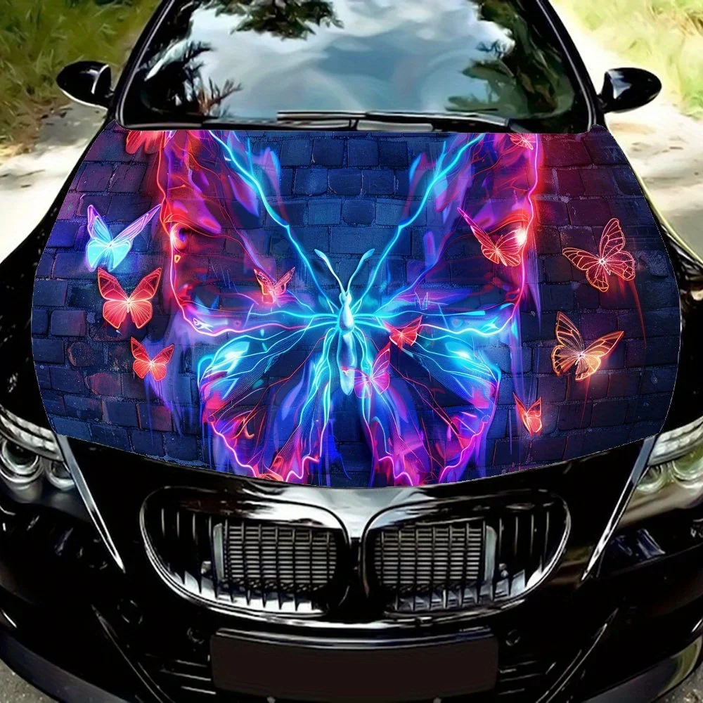 Dancing Fluorescent Butterfly Car Vinyl Wrap, PVC Waterproof Car Hood Sticker, Self-Adhesive Scratch-Resistant Stickers for Engi