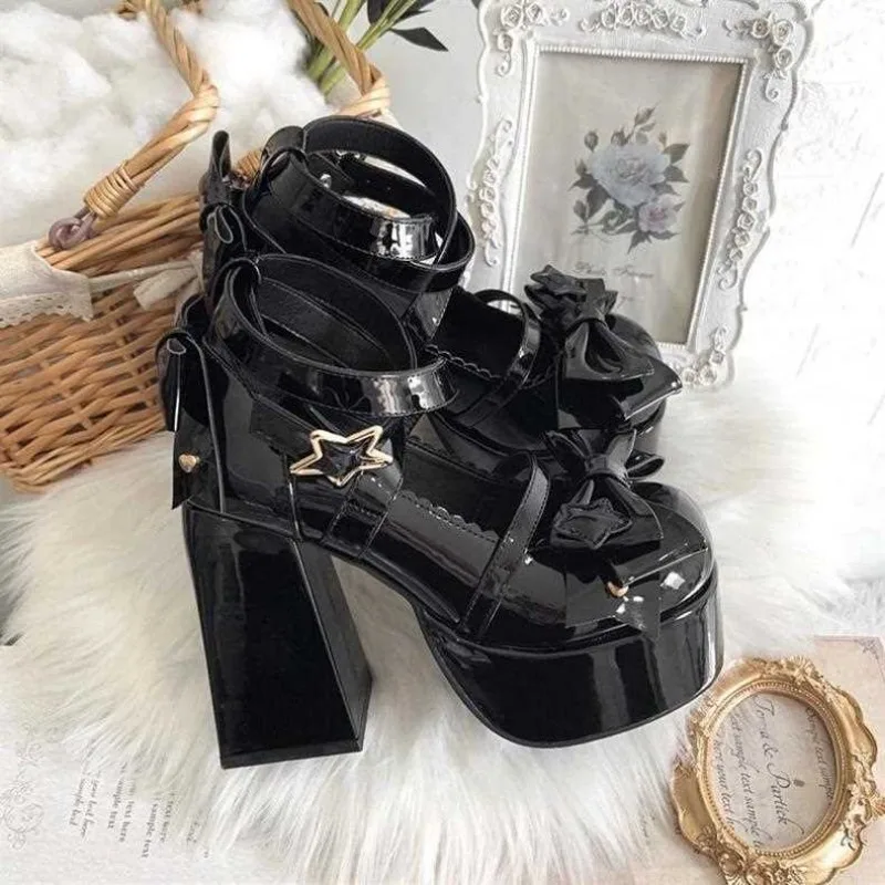 2024 Lolita Shoes Women Mary Janes High Heels Shoes Chunky Sandals Summer Fashion Retro Bow Party Platform Pumps