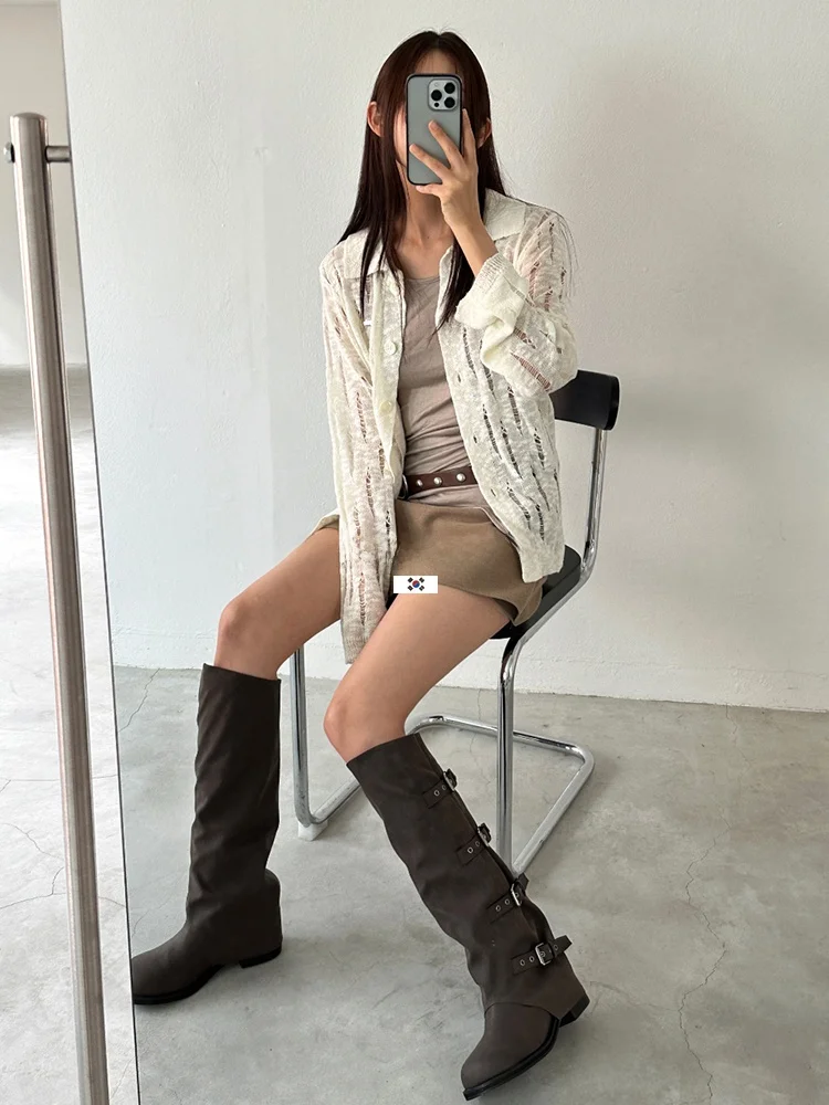 

Chiligirl коричневые высокие сапоги женские Dongdaemun Sli Belt Bule Thi Leg Fat MM сапоги до колена рыцарские сапоги Faionable с круглым носком