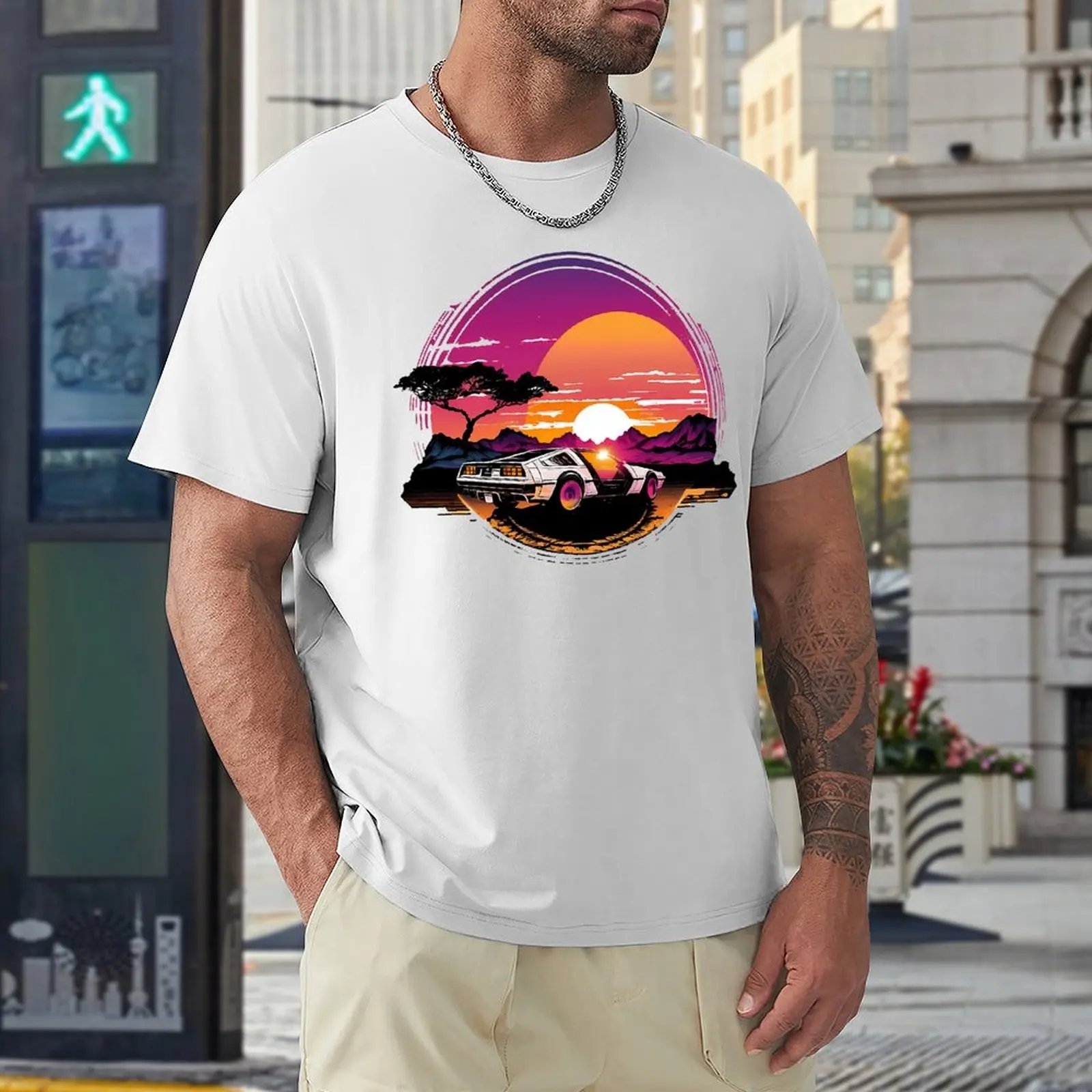 Synthwave DeLorean Car Drive Into The Future T-shirt Harajuku Sport  Humor Graphic T-shirts Top Quality Travel USA Size