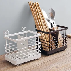 Wall-mounted Carbon Steel Chopsticks Cage Hollow Square Tableware Storage Tube Detachable Spoon Drain Rack Kitchen Storage Tools