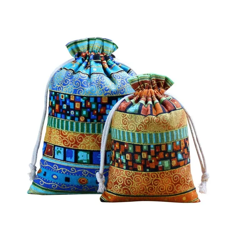 10pcs Ethnic Style Jewelry Bags Drawstring Pouch Candy Snack Gift Bag Retro Bracelet Jewelry Packaging Storage Bags