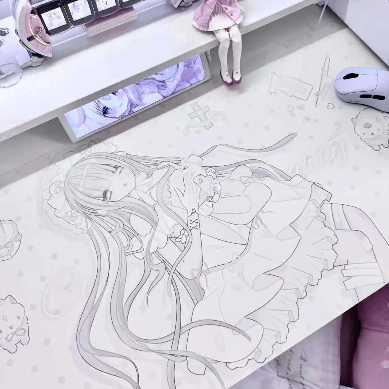 Leather PU Desk Pad Y2k Pink Anime Bunny Girl Y2K Mouse Pad Protector Office Desk Mat Waterproof Non-Slip PU Desk Blotter Pad