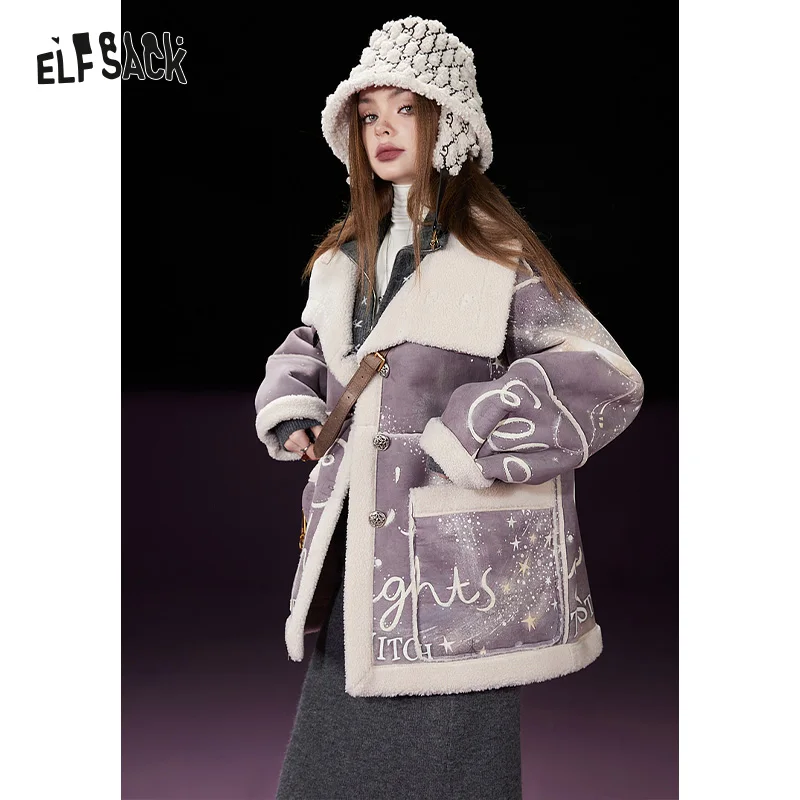 ELFSACK Imitate Chammy Cotton Coats Women 2023 Winter Printing Lapel Casual Warm Jackets