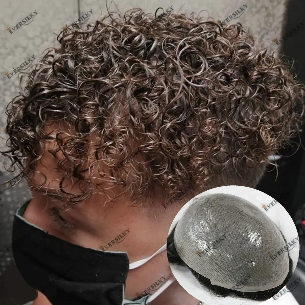 

15mm Curly Male Hair Prosthesis 0.06-0.08mm Pu Toupee Men Durable Wig For Men Indian Human Hair System Unit Capillary Prosthesis