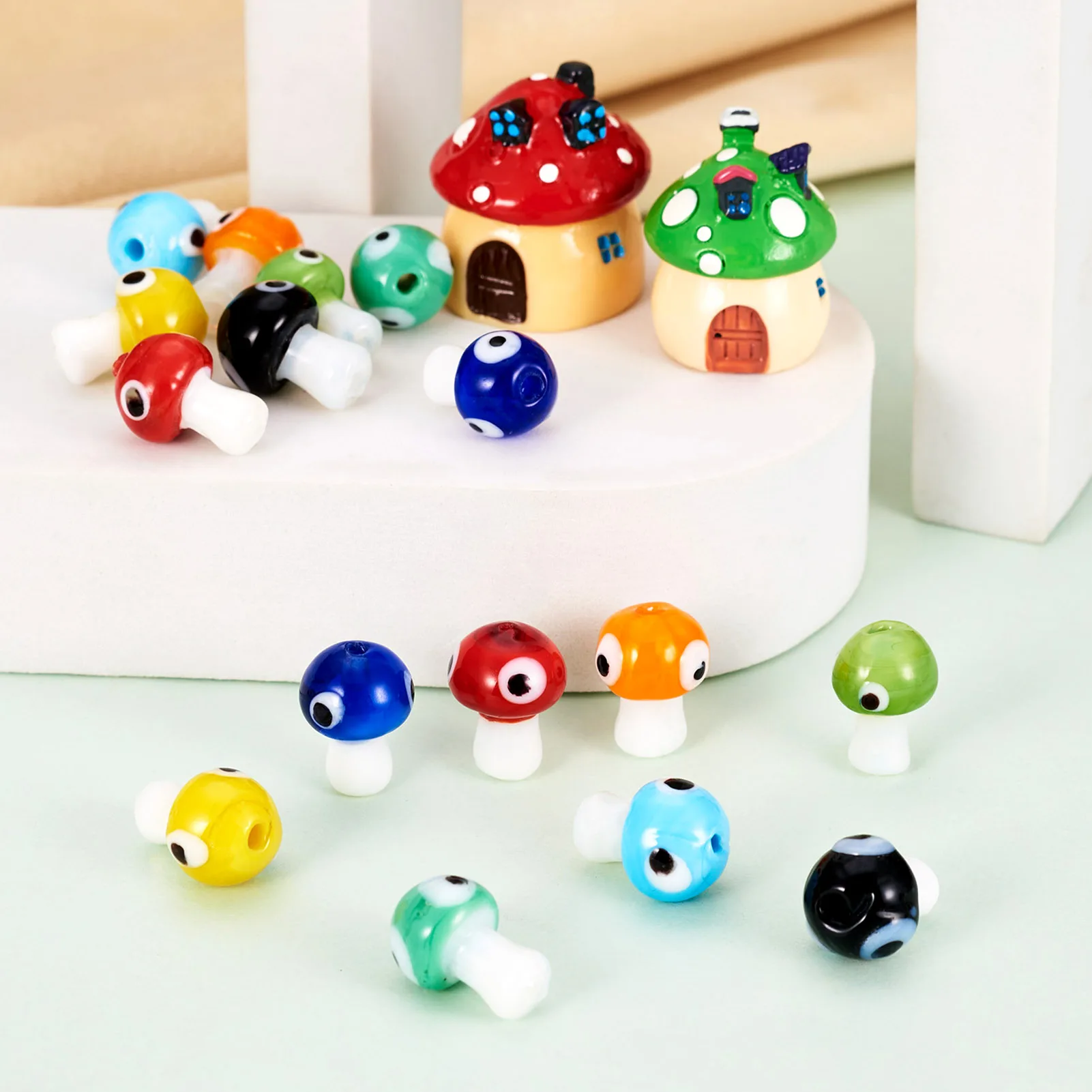 32Pcs 8 Colors Handmade Mushroom with Eye Pattern Lampwork Beads for Earrings Necklace DIY Jewelry Making