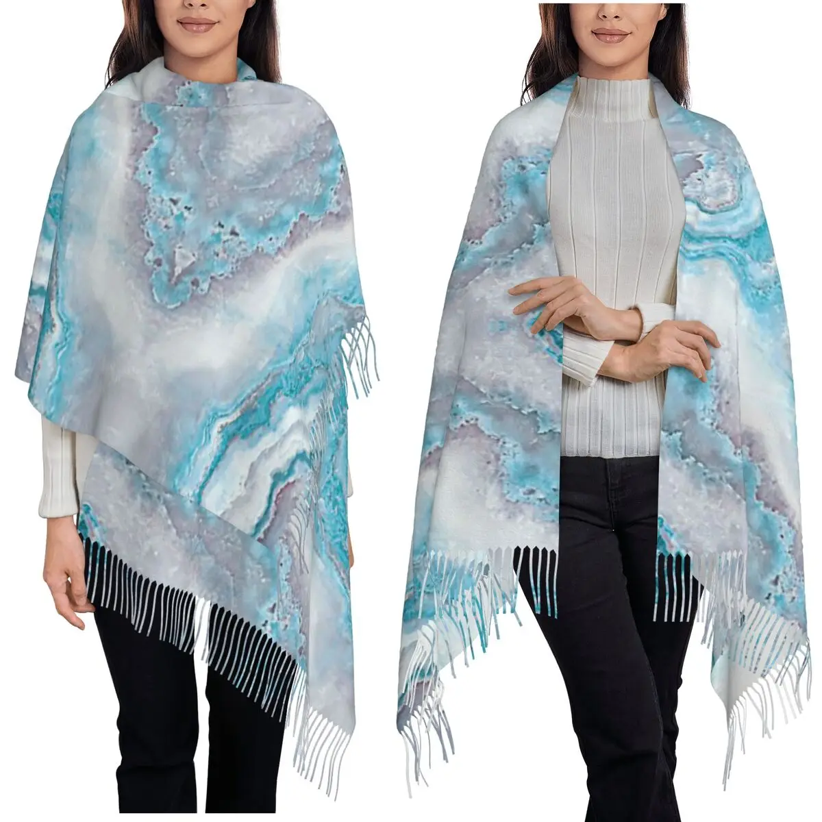 

Luxury Mermaid Blue Faux Agate Marble Geode Gem Scarf Tassel Scarves for Women Soft Shawl and Wraps Large Fall Winter Shawl Wrap