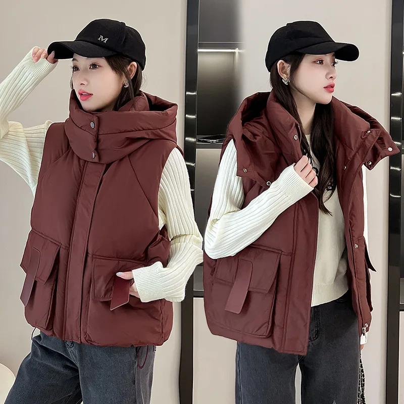 

Women Jacket Fashion Korean Vest Coats Female New 2024 Hooded Winter Casual Warm Sleeveless Parkas Waistcoat Ladies Top